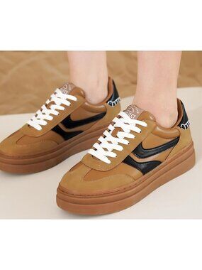 Women's Tan Lace-up Shoes Memory Foam Insole Casual Platform Sneakers